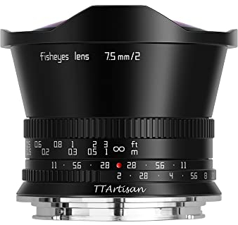 TT Artisan - Lente Ojo de pez de 7,5 mm F2.0 APS-C con Montura Fuji X, Lente Ultra Gran Angular Negra con ángulo de visión de 180 Grados