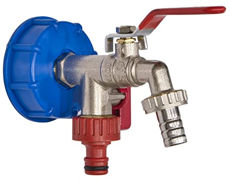 IBC Adapter mit S60x6 auf 1/2 Zoll Gewinde und 1/2 Zoll Messing Kugelhahn für IBC Container - Doppelhahn | Anschlüsse: 1/2 (Wandanschluss), 3/4 (Auslauf), 3/4 (zusätzlicher Auslass)