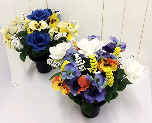 Florelle Pansy/Rose Artificial Grave Flower Arrangement in Pot Blue/Yellow (Pair)