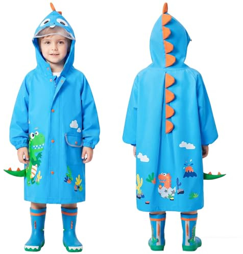 JinBei Impermeable para Niños Dinosaurio 3D Azul Chaqueta Encapuchado Chubasquero Reutilizable Abrigos Poncho Ligero Traje Capa de Lluvia Lindo Impermeables Transpirable 3-4 Años