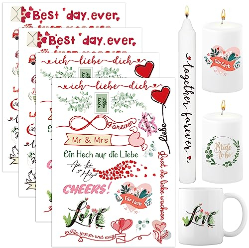 BETESSIN 4x Kerzentattoo Hochzeit Kerzenfolie Sprüche Hochzeitsgeschenke Hochzeitsdeko Sticker Wasserschiebefolie DIY Kerzen Tassen Tattoos Stabkerzen Dekoration Gastgeschenk Tischdeko