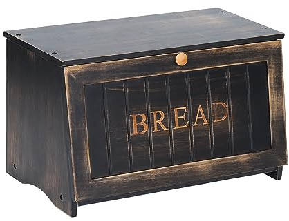 HOMEKOKO Large Wood Bread Box for Kitchen Counter, Retro Design Single Layer Bamboo Large Capacity Food Storage Bin (Vintage Black)