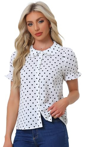 Allegra K Women's Polka Dots Shirt Short Puff Sleeve Vintage Button Up Peter Pan Collar Blouse Tops X-Large White