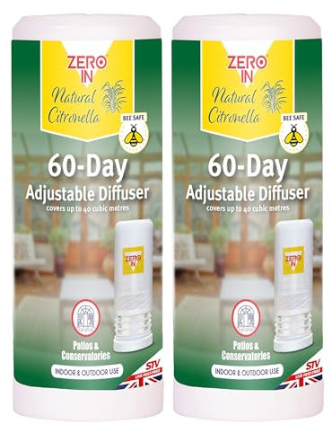 Zero In 60-Day Citronella Diffuser – Portable Bug Repellent for Indoor & Outdoor Use with Adjustable Intensity - Pet-Safe, Fast-Acting Protection for Home, Garden, Patios & Travel - Multi Packs X2