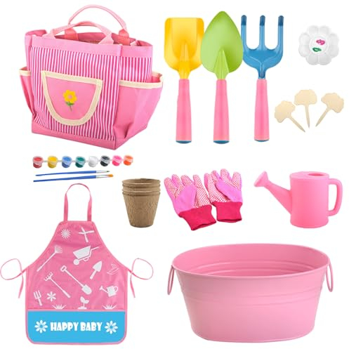 Besreey Set di Attrezzi da Giardino per Bambini, Attrezzi da Giardino in Crescita, Set da 19 Pezzi, Attrezzi da Giardino per Bambini, Attrezzi da Giardino Portatili e sicuri, a Mano per