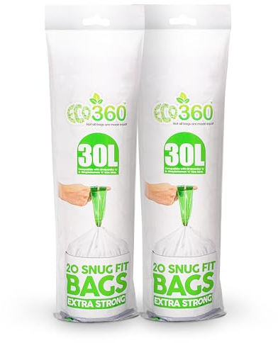 EcoBag - 40 Pack White Kitchen Drawstring Bin Liner - 30L - 25 Microns - Heavy Duty, Extra Strong, Brabantia Compatible, Eco-Friendly, Tear Resistant, Clear Recycling Bags (465 x 750mm)