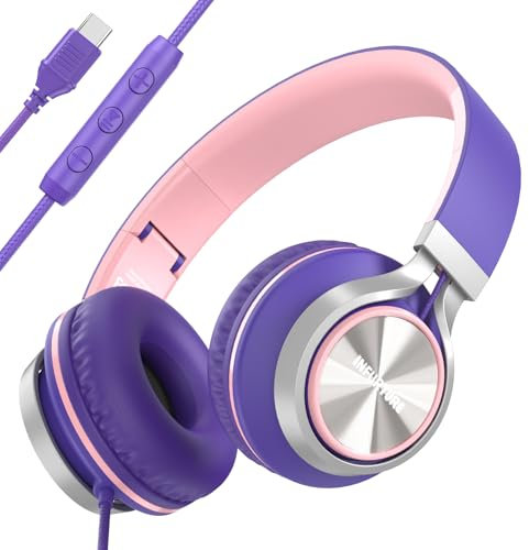 INFURTURE Auriculares con Cable Tipo C, Auriculares USB C con Mic y Control de Volumen, Línea Trenzada sin Enredos, Ligeros y Plegables Adecuado para niños/niñas, Se Aplica a iPhone Serie 16/15
