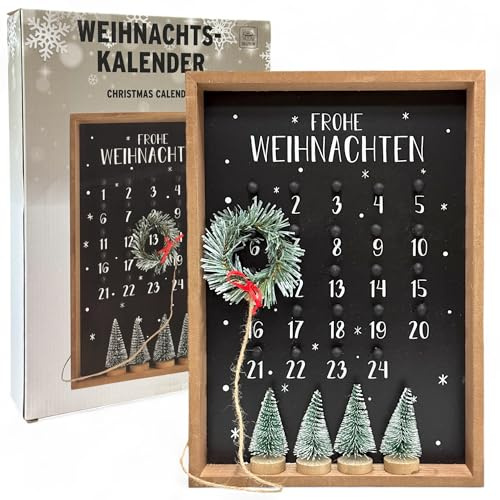 MIJOMA Calendario dell'Avvento – Calendario con conto alla rovescia di Natale con corona, cornice in legno, decorativo, riutilizzabile, 25 x 35 x 4 cm – Decorazione natalizia perfetta per l'umore