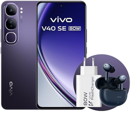 VIVO V40 SE 80W Smartphone 5G,8GB + 256GB Android, 6.67 Pulgadas, Pantalla AMOLED 120Hz,Retratos con Aura Light,Cámara de 50MP, Teléfono móvil con Auriculares TWS 3e + Cargador 80W FlashCharge, Negro