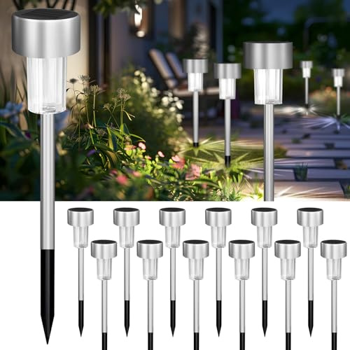 Jsdoin 12PCS Solar Garden Lights, Garden Stake Light Stainless Steel LED Solar Lights Waterproof Auto On-Off Pathway Lighting for Walkway, Patio, Outdoor, Lawn, Driveway