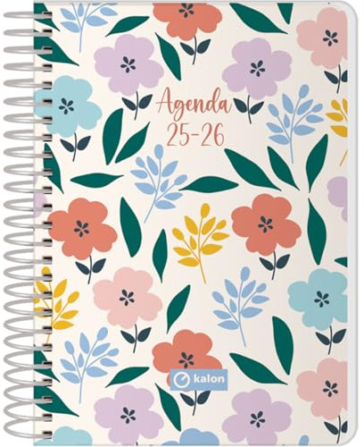 Q Kalon - Skolkalender 2025 2026 - Dag per sida, Storlek A6 (12x17 cm), Spanska och Engelska, September till Juni, Spiralbindning, Mjukt omslag med plastskydd - Garden