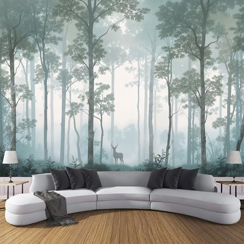 3D Seda Papel Pintado Panorámico Paisaje De Bosque De Fantasía, 150 × 105 Cm, Animales Salvajes Ciervos Grandes Murales Tapiz Para Salón, Adulto Habitación De Niños, Estudio Decoración,Verde