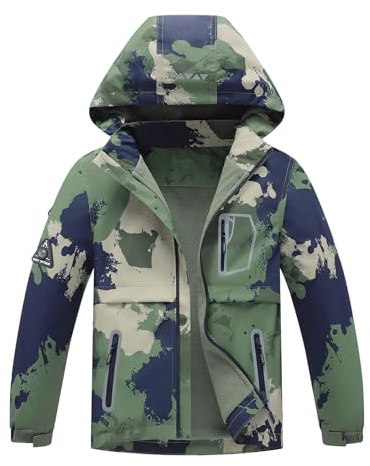 BuyiRen Boys Girls Windbreakers Jacket Rain Jackets Hooded Raincoat Fleece Lined Rain Coats for Kids, Camo, 9-10 Years
