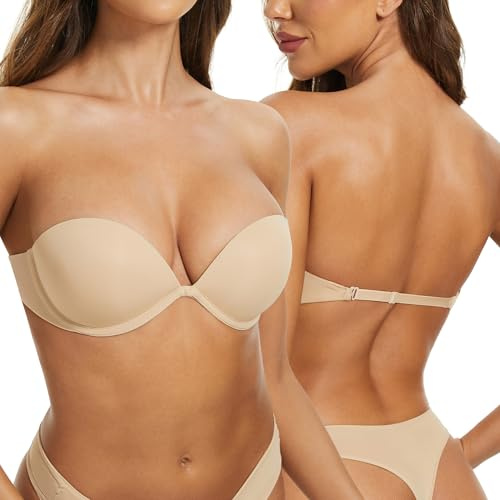 Mitivoway Women's Strapless Bra Push Up-Non Slip Invisible Underwire Low Back Multiway Padded Support Plunge Bra for Comfort Lift (Nude, 34E)