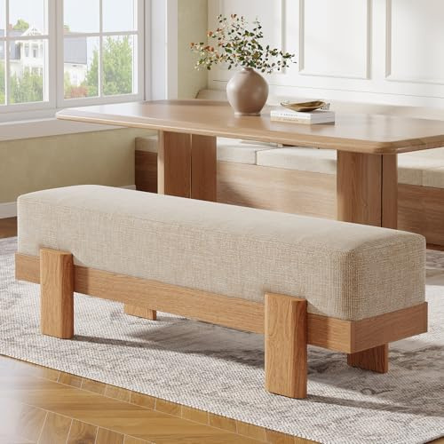 Tribesigns 55-Inch Upholstered Dining Bench, Modern Dining Bench with Fabric Padded Seat and MDF Frame, Kitchen Stool for Dinner Room (Beige & Oak)