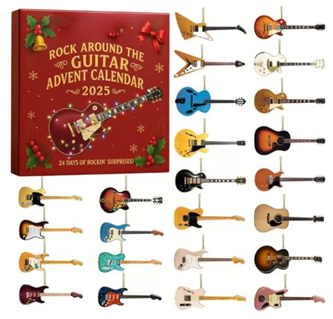 Calendrier de l'Avent 2025 Rock Around the Guitar, 24 jours de compte à rebours pour Noël, 24 mini ornements de guitare pour le compte à rebours quotidien, cadeau de fête de rock and roll à