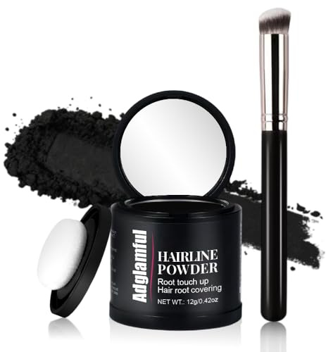 Adglamful Root Touch up Powder with Brush, Hairline Powder for Thinning Areas, Instantly Gray Hair Coverage, Water & Sweat Resistant, Hair Loss Concealer for Women & Men, Black, 12g/0.42oz