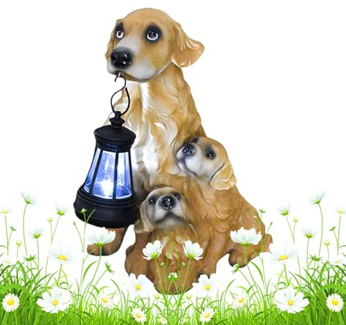 Estatua solar de jardín para perro, figura de cachorro, luz solar, 19 cm, escultura al aire libre para patio, balcón, patio, césped y jardines, estatua duradera alimentada a la intemperie para el