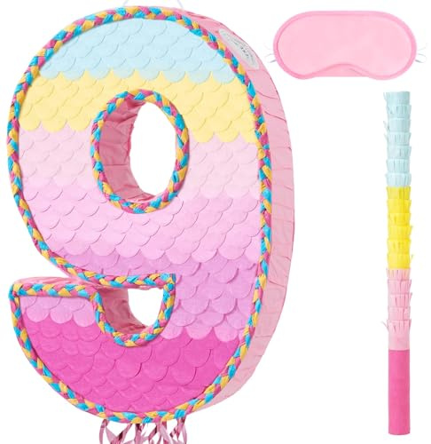 WERNNSAI Piñata de cumpleaños – Números para 9 años de edad, cumpleaños infantil, juego de fiesta, arco iris, números, piñata con bastón, venda para los ojos, cordón, decoración de cumpleaños para