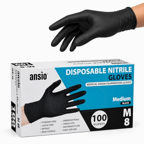 ANSIO Black Nitrile Latex Free Disposable Gloves Medium, 100 Pack