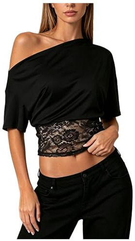 Générique Top Femme Col Asymétrique Épaules Dénudées Manches Courtes Sexy Dentelle Taille Cintrée Coupe Courte Tendance Été Léger Respirant Idéal Soirée Sorties Vacances