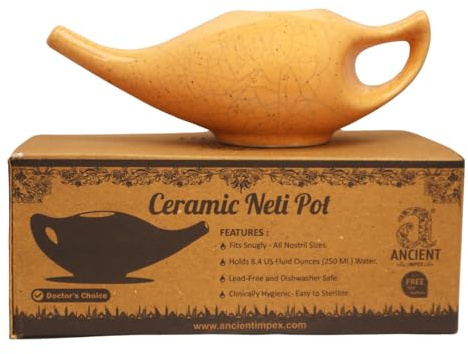 Neti Pot de cerámica para limpieza nasal agrietado patrón | Neti Pot con 10 sobres de sal de Neti + folleto de instrucciones | Tratamiento natural para senos nasales, infecciones y congestión