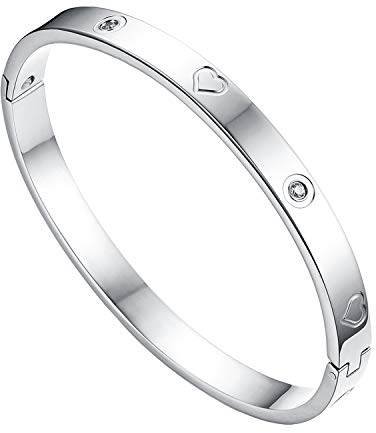 JewelryWe Schmuck Damen Armreif Edelstahl Zirkonia Herz Prägung Armband 6mm breit mit Schließe Armspange Gravur Silber