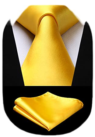 HISDERN 63 Inch Mens Ties Extra Long Tie and Pocket Square Yellow