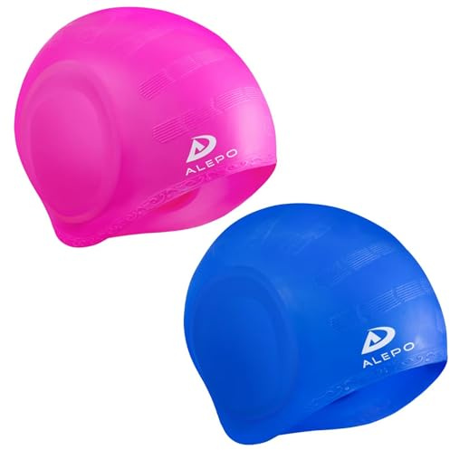 Alepo 2 Pack Swimming Cap Unisex with 3D Ear Protection, Durable Flexible Silicone Swimming Hat Women Men Kids Adults, Bathing Swim Cap for Short/Long Hair with Ear Plugs&Nose Clip（Rose Red+Blue）