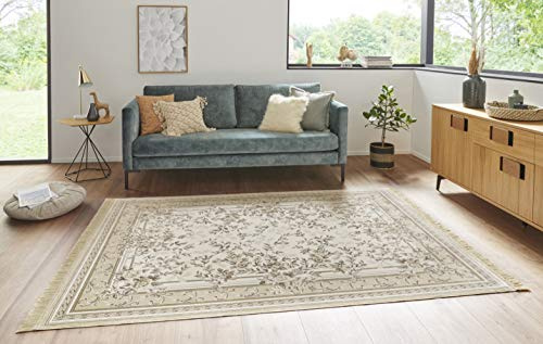 Nouristan Naveh Orient Alfombra de salón, Alfombra Oriental de Pelo Corto con Flecos, Vintage, Alfombra Oriental de Terciopelo para Comedor, salón, Dormitorio, Color Crema y Beige, 195 x 300 cm