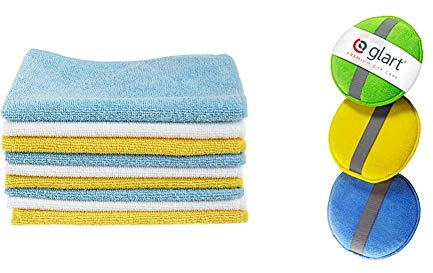 Amazon Basics – Mikrofaser-Reinigungstücher, 12 Stück & Glart 43PP Mikrofaser Handpolierschwamm 3er Set, 130x25 mm, Wax Applikator Pad für Wachse, Polituren, Lackreiniger, Autopolitur