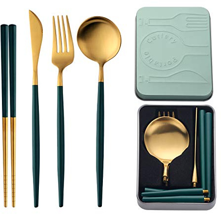 Do Buy Portable & Reusable Stainless Steel Travel Cutlery Set，Folding Utensil Set with Case ，for Camping, Picnic, Office and On-The-Go (Pocket Sized Flatware Set) (Black) (Gold Green)