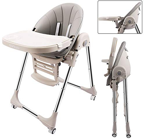 OUNUO Baby Hochstuhl Verstehllbar und Klappbar kinderhochstuhl mitwachsend Kindersitz Kinderstuhl mit Sicherheitsgurt 6 Monaten bis 6 Jahre PU Leder Kissen (Grau)