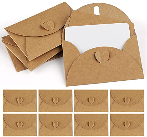 Mocraft 100 Kraftpapier Umschläge mit 100 Blanko Papier Karten, Mini Briefumschläge mit Herz Verschluss für Geschenkkarten DIY Graffiti