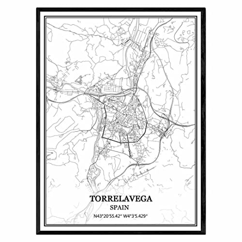 Torrelavega Spanien karta väggkonst canvas tryck affisch konstverk oinramad modern svart och vit karta souvenir gåva heminredning -28 x 35 cm
