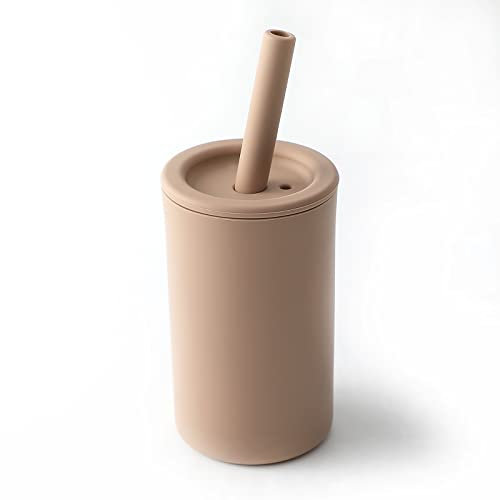 Strohhalm-Becher für Kleinkinder, lebensmittelechtes Silikon, auslaufsicher, für 6 Monate, mit Strohhalmbürste, BPA-frei, 200 ml (Sand)