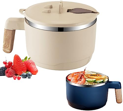 Ramenschüssel Instant,Rostfreier Stahl Ramen Bowl Schüssel, Japanische suppenschüssel,1000ML Doppelt Isolierter Versiegelt Nudelschale mit deckel (Beige)