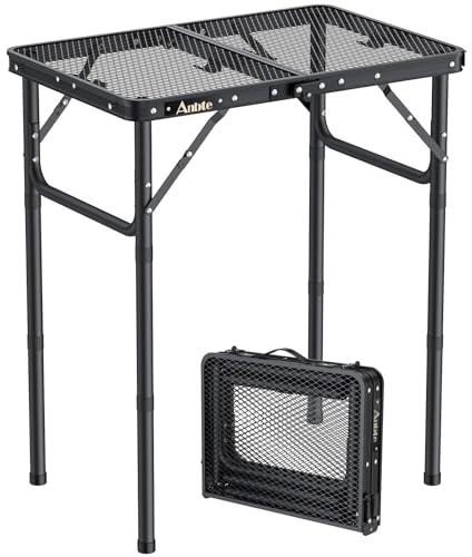 Anbte Folding Grill Table, 3 Adjustable Heights Aluminum Camping Table with Heat-Resistant Mesh Desktop, Lightweight outdoor Table, Portable Handle for Outside BBQ Cooking, 58 cm x 40 cm, Black