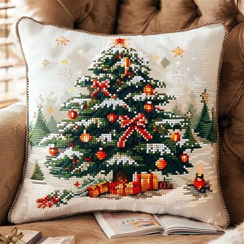 kitphoenix Cuscino per Punto Croce Natale Kit da Ricamare 45x45cm Prestampato Set Fai da Te con Ago e Filo da Ricamo