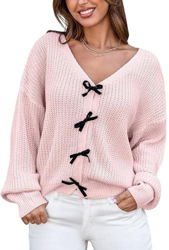 CUPSHE Pull décontracté à manches longues pour femme avec nœud et col en crochet léger, rose, Taille M