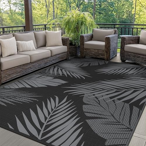 GENIMO Tapis Exterieur Resistant Pluie,Reversible Recyclable Résistant aux UV Tapis Extérieur Terrasse, Tapis Plastique Exterieur pour Balcon, Jardin, Camping, Barbecue, 150x240cm, Noir & Gris