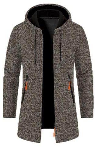 Cardigan da uomo lungo felpa con chiusura lampo, giacca invernale lavorata a maglia, vestibilità normale, cardigan di grandi dimensioni, cappotto tradizionale, cappuccio invernale, giacca leggera
