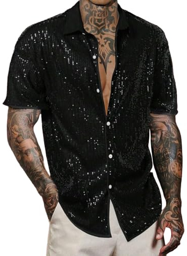 Glitterskjorta herr guld, metallic glänsande glitterskjorta vintage glitter skjorta fritid skjorta för män normal passform kortärmad skjorta casual glitterskjorta andas sommarskjorta glänsande
