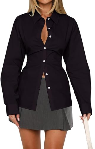 MISSACTIVER Women's Lapel Collar Button Down Shirt Cinch Waist Long Sleeve Casual Work Dressy Tunics Blouse Corset Tops Black