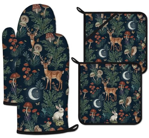 Wild Animal Mushroom Forest Oven Mitts and Pot Holders Set 4 Pcs Extra Long Heat Resistant Gloves Potholder for Baking, BBQ, Grilling