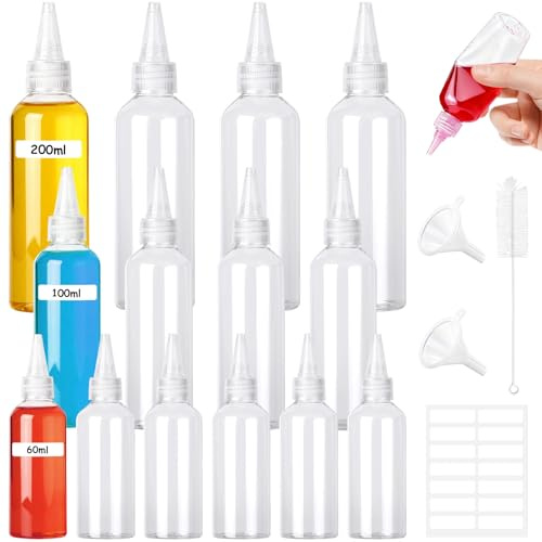 Sheryl&Rain 14 Pcs Squeeze Bottles with Nozzles(60ml/100ml/200ml), Plastic Mini Sauce Bottle With Funnels,Labels and Brush, Clear Small Condiment Containers, for Olive Oil,Paint Art, Liquids, Lotion