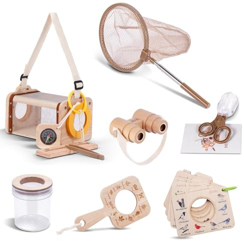 Kit Exploration Enfant Jouets, 11 Pièces Bois Ensemble de Attrape Insecte avec Jumelles,Boussole,Filet à papillons,Pince à épiler.Cadeaux Randonnée Camping Nature éducatifs pour Enfants (11 Pièces)