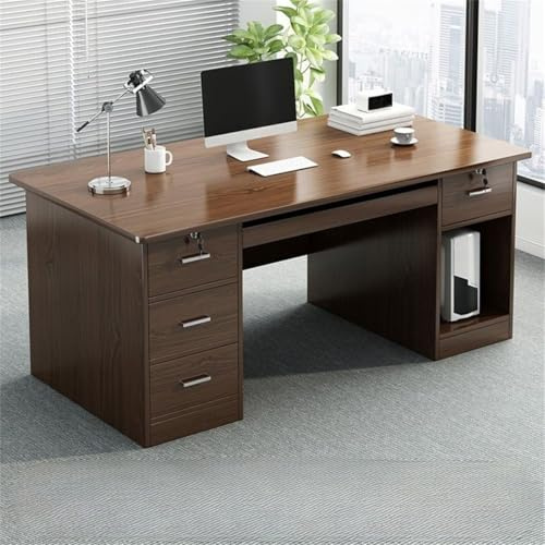 Rectangle Writing Desk, Wood Computer Table with Pedestal, Drawer, and Built-in Office Cabinet - Simple Study Furniture with 5 Drawers, Ideal for Student and Bedroom