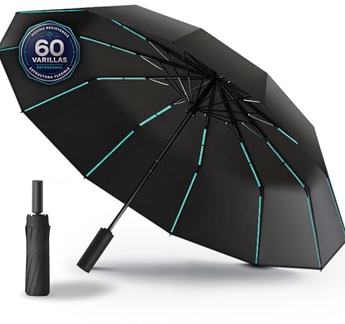 JFH ProLegacy Paraguas Plegable Antiviento 60 Varillas fibra de vidrio - Resistente al Viento Fuerte, Se Dobla y Recupera su Forma, Automático, Compacto, Impermeable, Protección UV50+
