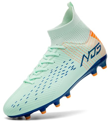 Mokayu Chaussures de Football Homme Haute Bande Spike Crampons Profession Chaussures de Foot Adultes Athlétisme Entrainement Chaussures de Sport Cyan EU 44